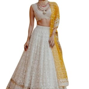 Women's Georgette Embroidery Sequence Work with Dupatta For Women(White)