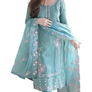 Silk Blue Embroidered Kurta Set with Dupatta for Women