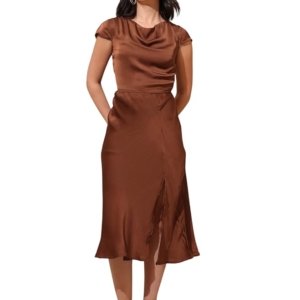 Women’s Cowl Neck Silk Blend Dress(Brown)