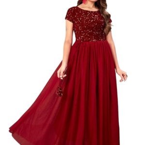Elegant Women's Gown with Sequins Work | Velvet Bodice & Net Flare | Short Sleeve, Boat Neck ( Maroon)