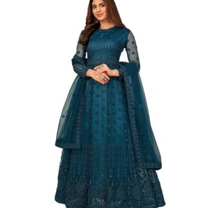 Women's Net Embroidered Semi-Stitched Gown Gown-New(Teal Blue)