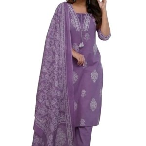Women's Pure Cotton Printed with Handwork Kurta with Pants and Dupatta Set | Ethnic Set | Suit Set |Wedding Suit Set(Purple)