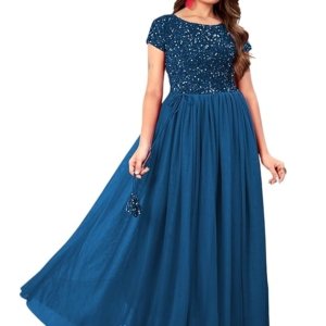 Elegant Women's Gown with Sequins Work | Velvet Bodice & Net Flare | Short Sleeve, Boat Neck (Blue)