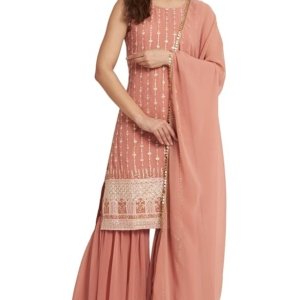 Women's Georgette Straight Kurta Sharara Set with Dupatta(Peach)