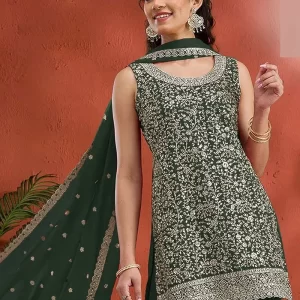 Green Georgette Embroidered Sequin Palazzo Set Festive Wear