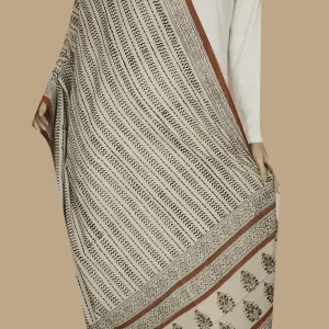 Striped Pattern on Cream Block Printed Mul Cotton Dupatta