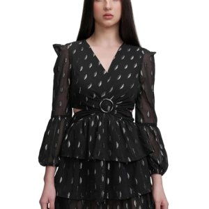 Women's Chic Cut-Out Ruffle Dress with Long Bishop Sleeves A Playful Yet Elegant Short Dress for Every Occasion（BLACK）