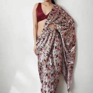 Off White Chinon Digital Print Pre Draped Saree After Six Wear