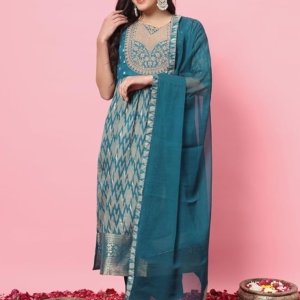 Women's Cotton Silk Kurta Pant Set with Nazmin Jacquard Lace Dupatta(Teal Blue)