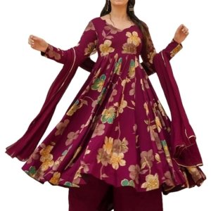 Women's Anarkali Palazzo Dupatta Set | Wine Color Ethnic Dress for Women | Cotton Blend Floral Print Suit Set
