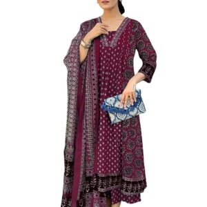 Women's Anarkali Kurta Set with Dupatta Pure Cotton Suits for Women with Dupatta (Wine)