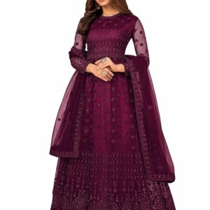 Women's Net Embroidered Semi-Stitched Gown Gown-New(Wine)