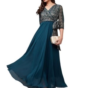 Women's Floral Printed Relaxed Fit V-Neck 3/4th Sleeve Maxi Dress with Pockets