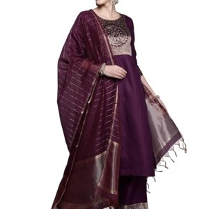 Women's Cotton Yoke Design Straight Kurta Pant with Dupatta Set(Magenta)