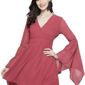 Women's Georgette Knee-Length Skater Dress(Pink)