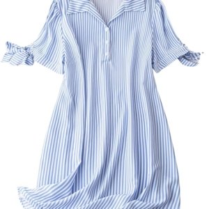 Striped Shirt Style Mini Dress for Women | Collared Casual A-Line | Tunic with Tie Sleeves & Front Buttons (SKY BLUE)