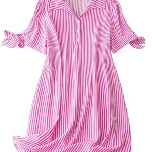 Striped Shirt Style Mini Dress for Women | Collared Casual A-Line | Tunic with Tie Sleeves & Front Buttons (PINK)