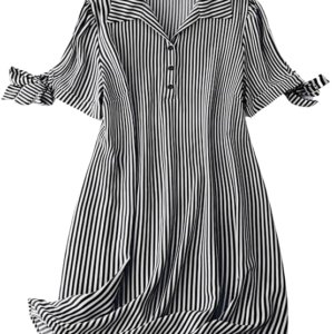 Striped Shirt Style Mini Dress for Women | Collared Casual A-Line | Tunic with Tie Sleeves & Front Buttons (BLACK)