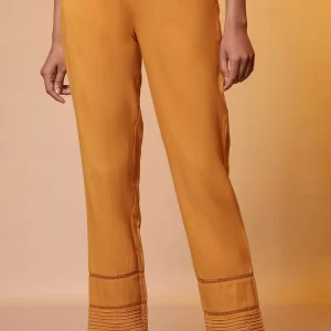 Mustard Lace Insert Pintuck Trousers