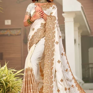 Off White Satin Blend Embroidered Saree Party Wear