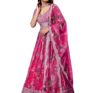 Women's Print And Sequins Embroidered Organza Semi-stitched Lehenga Choli Set With Dupatta(Pink)