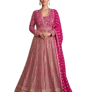 Women's Pink Stitched Gown with Dupatta Full Sleeve Embroidered Anarkali Gown