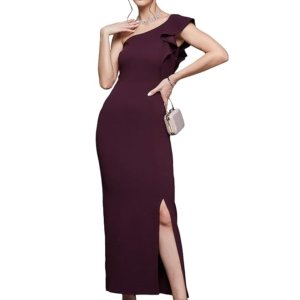 Women's Solid One Shoulder Sleeveless Ruffled Maxi Dress (Plus Size)