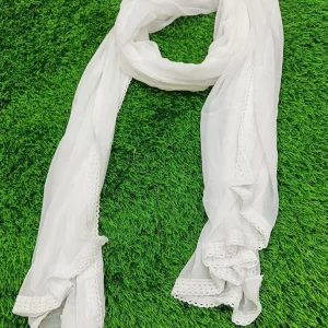 Plain White Chiffon Dupatta With Crochet lace Border