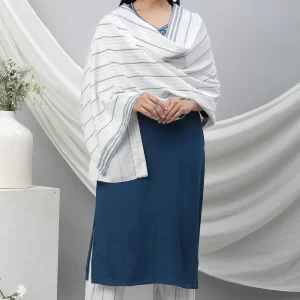 White Cotton Mulmul Stole with Blue Stripes