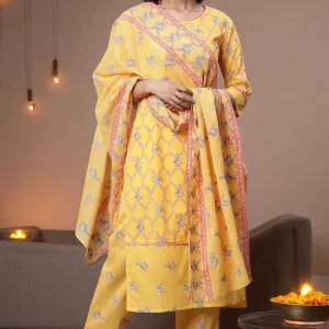 Yellow Floral Printed Cotton Dupatta