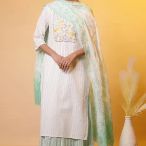 White Cotton Dupatta with Green Stripes and Floral Print