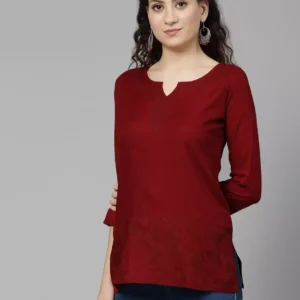 Hiba Maroon Self Embroidered Short Kurti