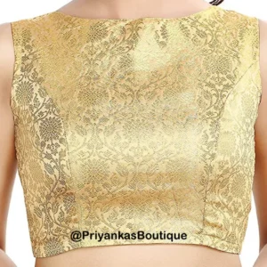 Golden Banarasi Silk Saree Blouse, Readymade Saree Blouse, Indian Blouse, Short Top, Sleeveless Saree Blouse, Boat Neck Women’s Sari Blouse