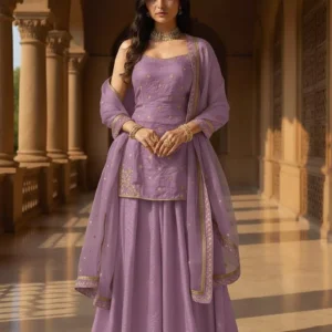 Lavender Organza Sequins Moti Hand Embroidered Palazzo Suit Festive Wear