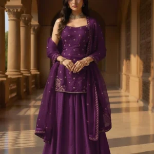 Purple Organza Sequins Moti Hand Embroidered Palazzo Suit Festive Wear