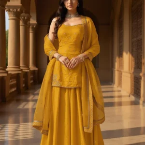 Yellow Organza Sequins Moti Hand Embroidered Palazzo Suit Festive Wear